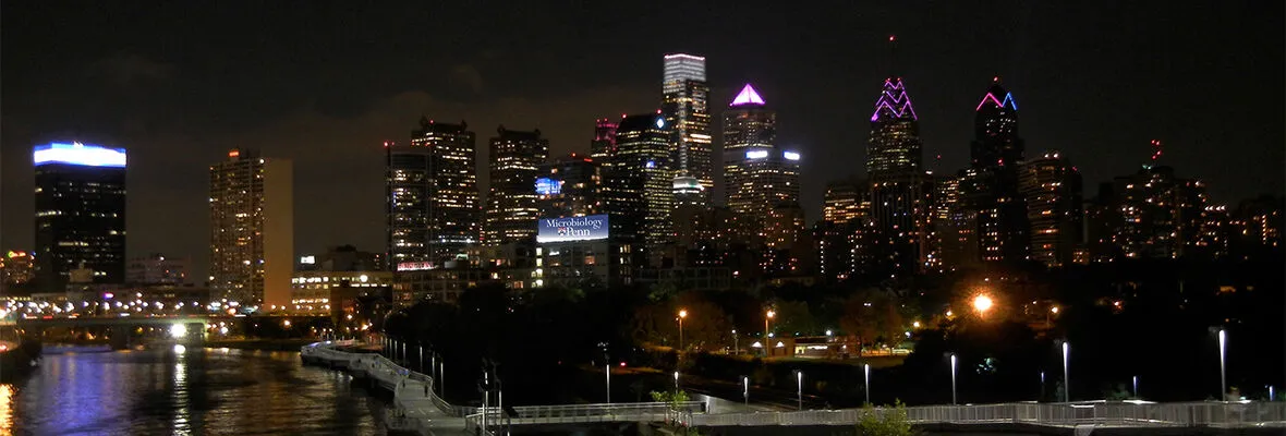 nighttime skyline of Philadelphia