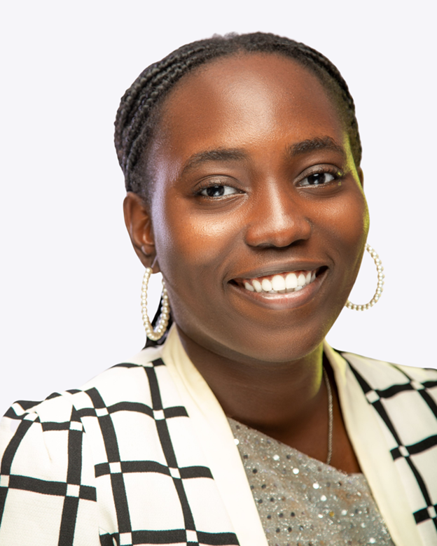 a closeup of a woman smiling with a white background