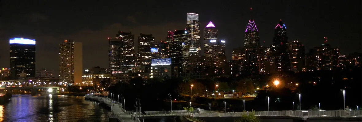 nighttime skyline of Philadelphia